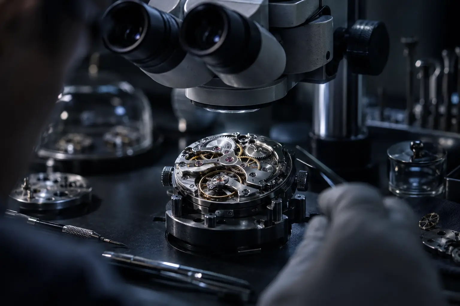 Mouvement sous le microscope d'horloger, illustration